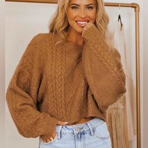 Charlotte Avery Camel Cable Knit Cropped Dolman Sleeve  Sweater Womens L NWOT